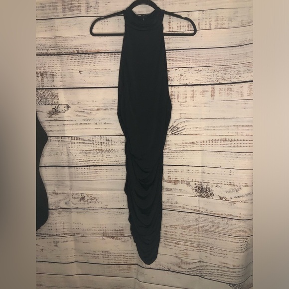 Mock neck Ruched Black Mini Dress - Picture 2 of 16